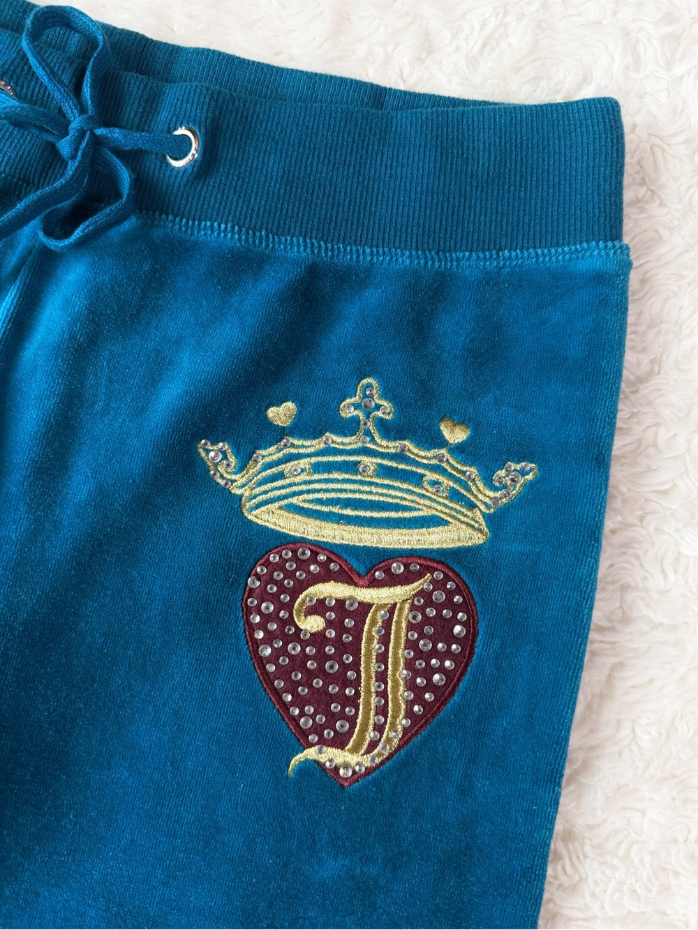 VTG Y2K 90s Juicy Couture Woman Teal Velvet Rhinestone Logo Bootcut Track Pants - Picture 2 of 9